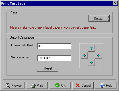 The Print Test Label dialog box