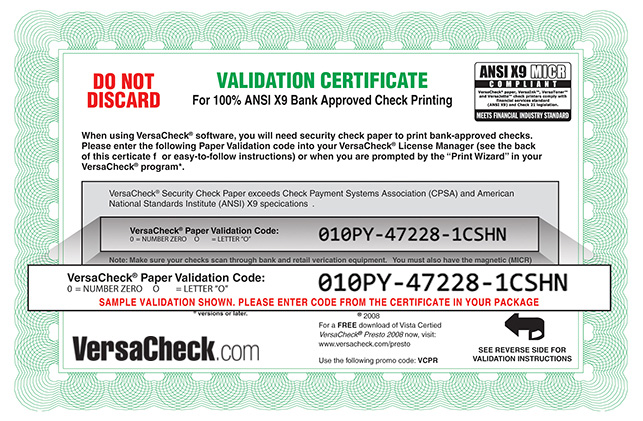 versacheck presto validation code free