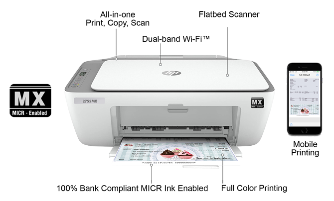 HP DeskJet 2755MX All-In-One MICR Printer Bundle - VersaCheck.com